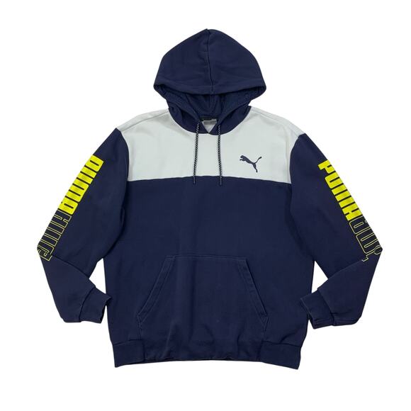 Puma Sweatshirt Mens Medium Navy White Fleece Lined Reverse Logo Pullover Hoodie - Picture 1 of 11